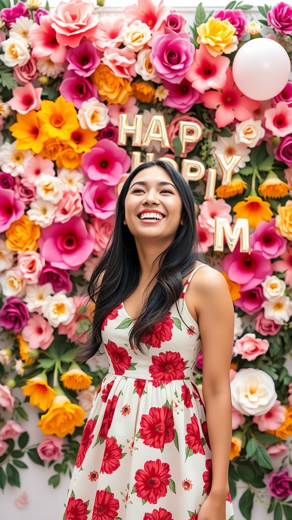 A woman smiling happily in a floral dress against a colorful flower backdrop with 'HAPPY BIRTHDAY' decorations.