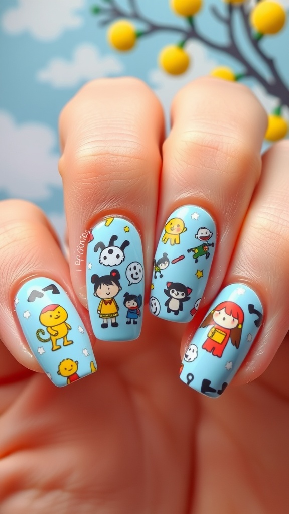 Close-up of light blue nails decorated with whimsical cartoon characters.