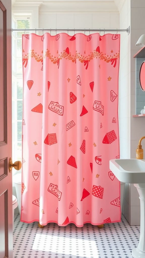 A pink retro shower curtain with playful designs, featuring ice cream cones and whimsical shapes.