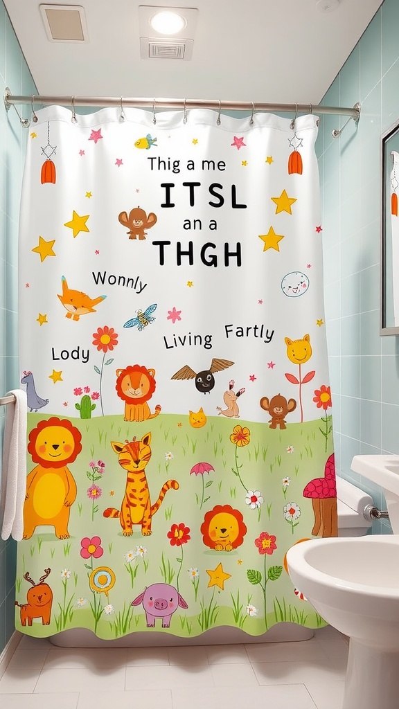 A colorful shower curtain featuring cute animals and playful designs in a bathroom.