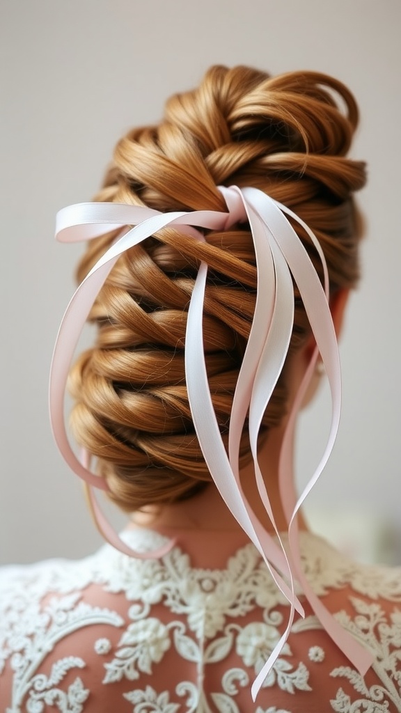 A beautiful braided updo hairstyle adorned with pink ribbons, perfect for a wedding.