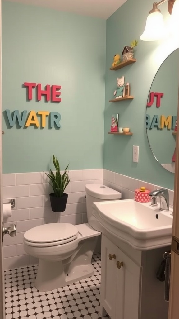 A colorful girly bathroom featuring whimsical wall art with letters and playful décor.