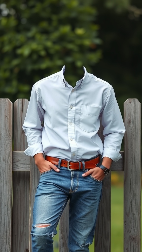 A person wearing a white button-up shirt, distressed jeans, and a brown belt, standing by a wooden fence
