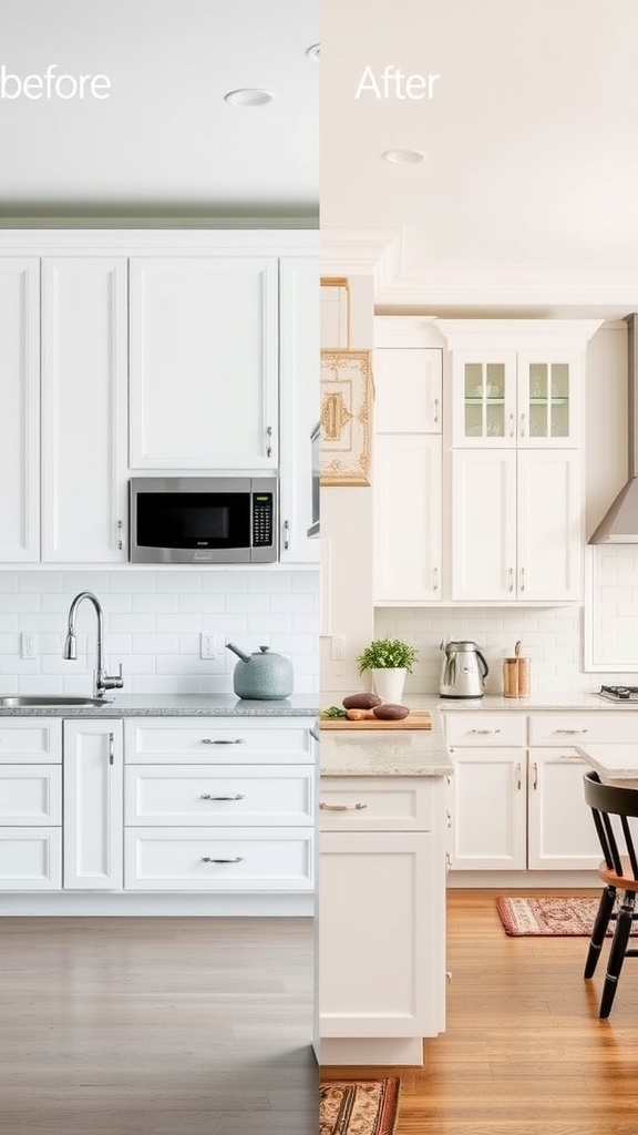 Before and after transformation of a kitchen featuring white cabinets.