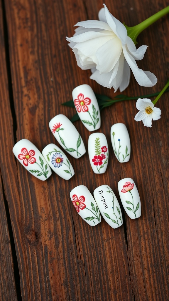 Nails painted white with colorful floral designs on a wooden background