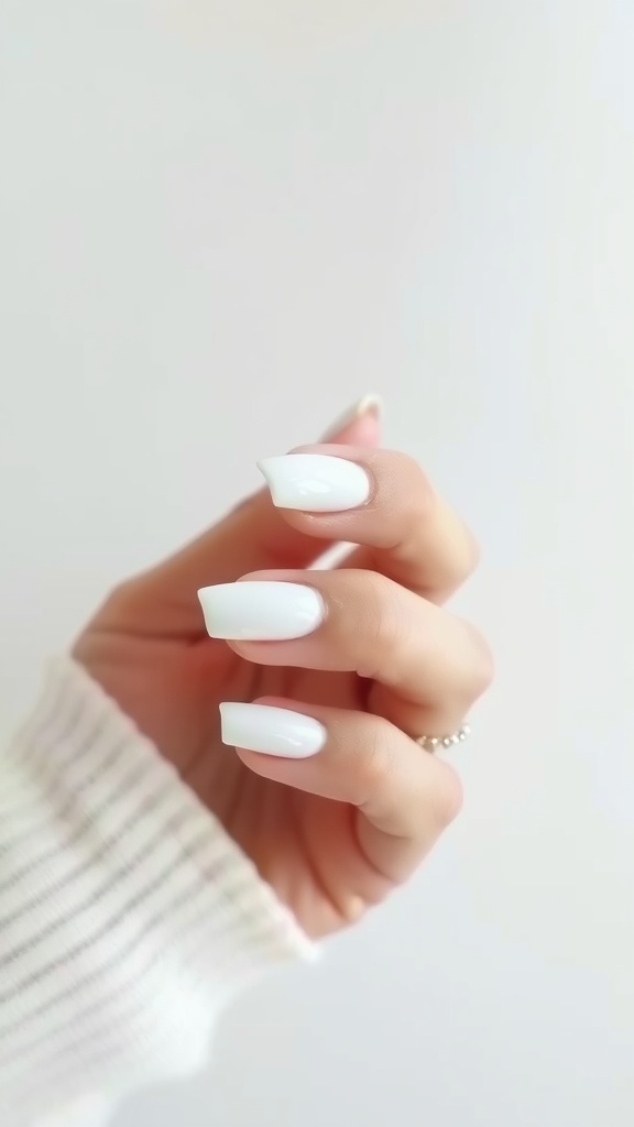 Hand showing white French fade nails on a light background
