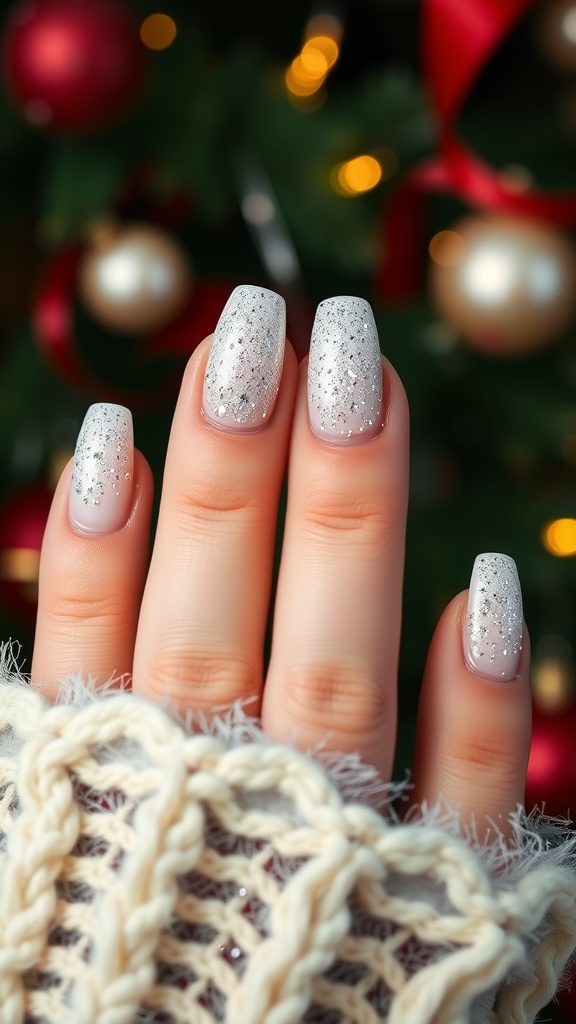 Nails with white base and glitter tips, set against a festive background