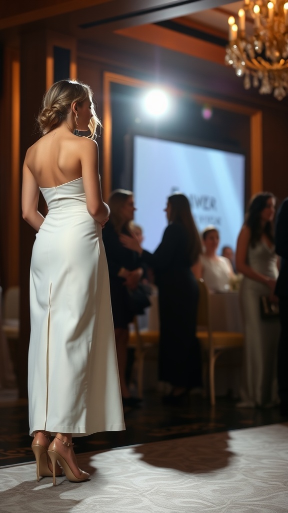 A woman in a white maxi skirt at a formal event