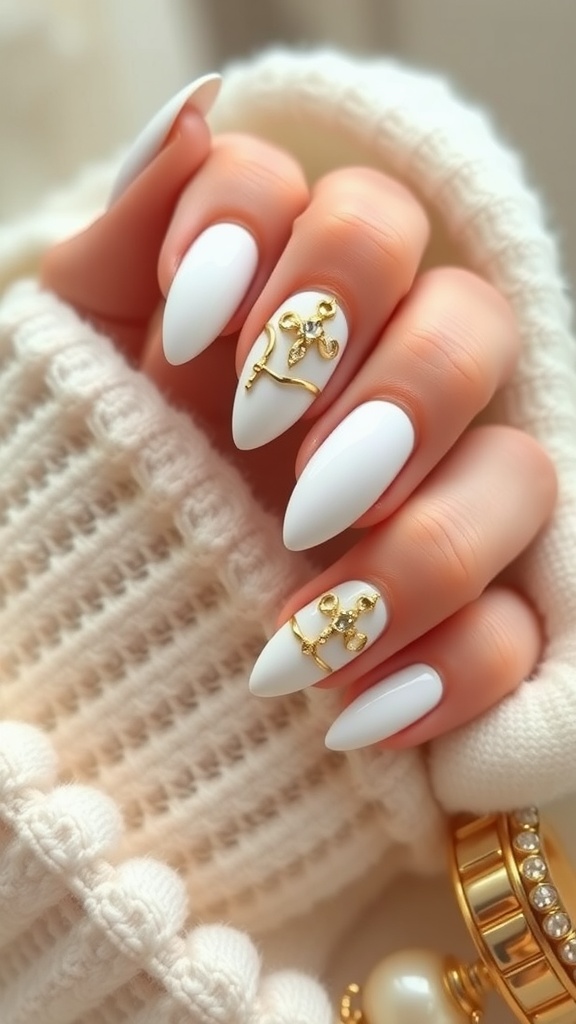 Elegant white almond-shaped nails adorned with gold accents, resting on a knitted cream-colored sweater.