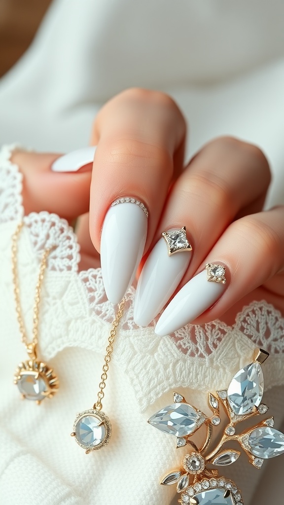 A hand with white pointed nails featuring rhinestones and elegant jewelry.