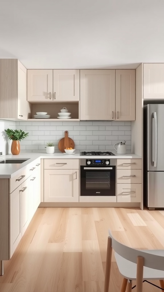 Modern kitchen with white oak cabinets, stainless steel appliances, and open shelving