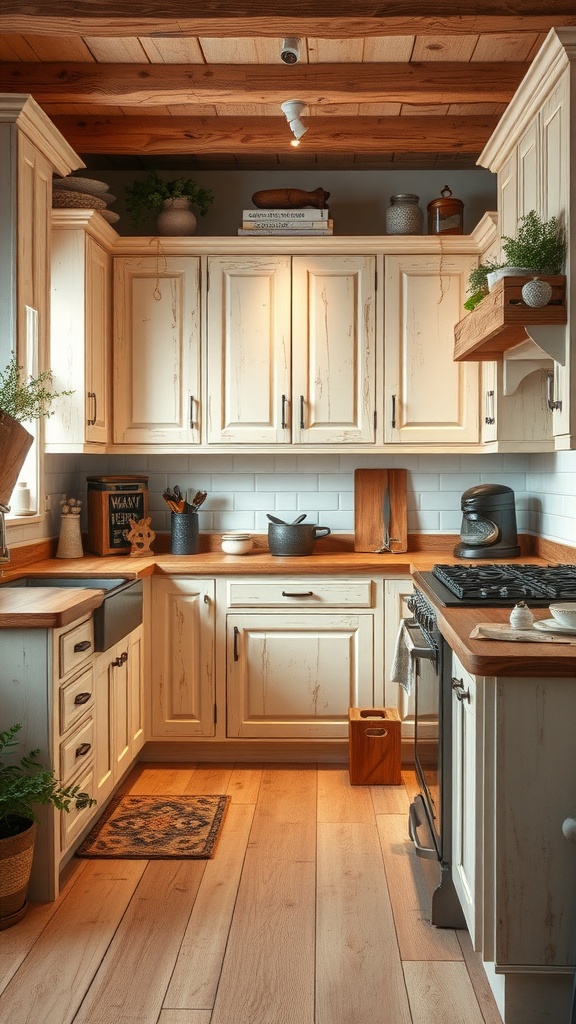 Cozy rustic kitchen featuring white oak cabinets, wooden countertops, and decorative elements