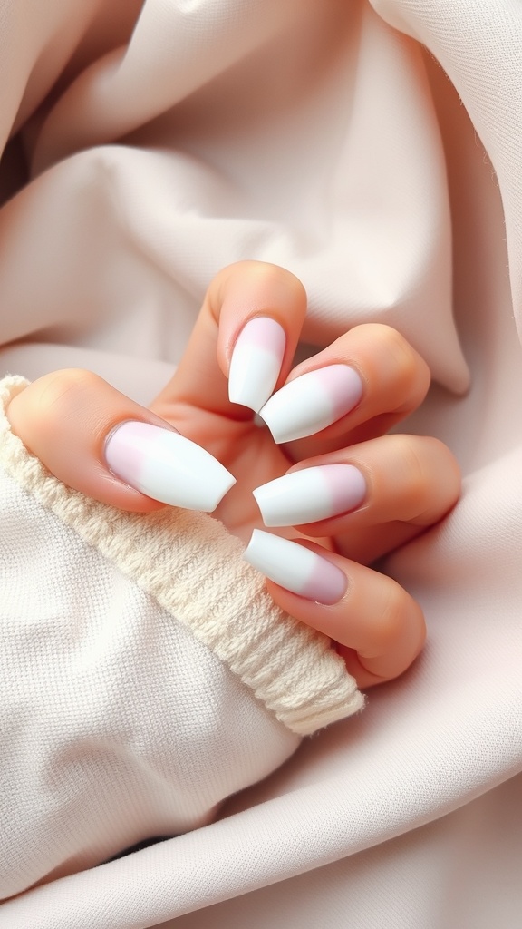 A close-up of beautifully manicured white ombre nails with a soft pink base.