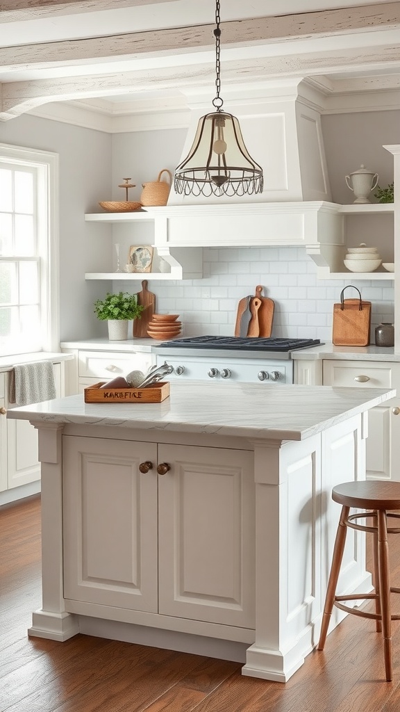 A bright farmhouse kitchen featuring a white shaker style island with a marble countertop and wooden accents.