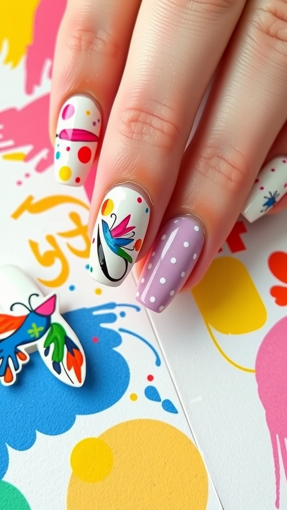 Close-up of white nails with colorful abstract designs and patterns