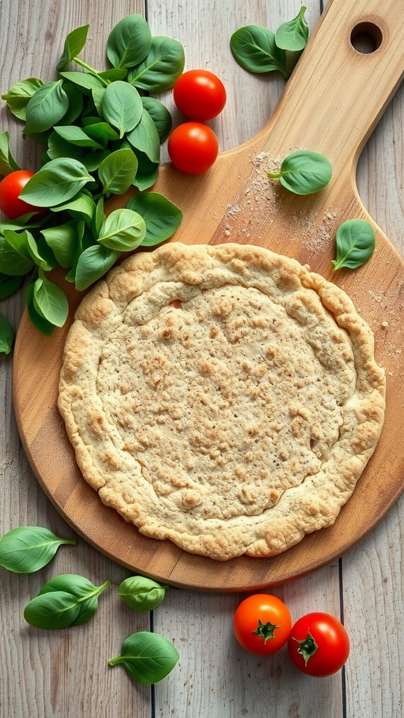 Whole wheat pizza crust on a wooden cutting board with fresh basil and cherry tomatoes