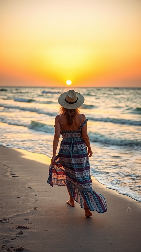 A woman wearing a wide-brim hat and a bohemian dress walking on the beach at sunset.