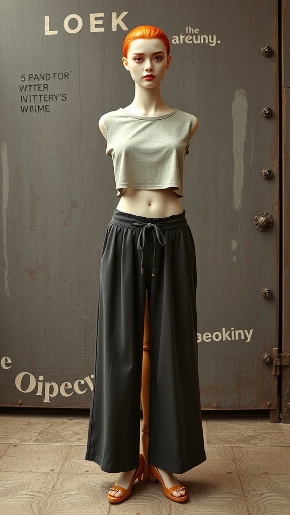 A mannequin wearing a cropped top and wide-leg pants, showcasing a casual boho outfit.