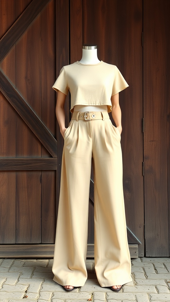 A mannequin wearing wide-leg trousers and a cropped top, set against a wooden background.