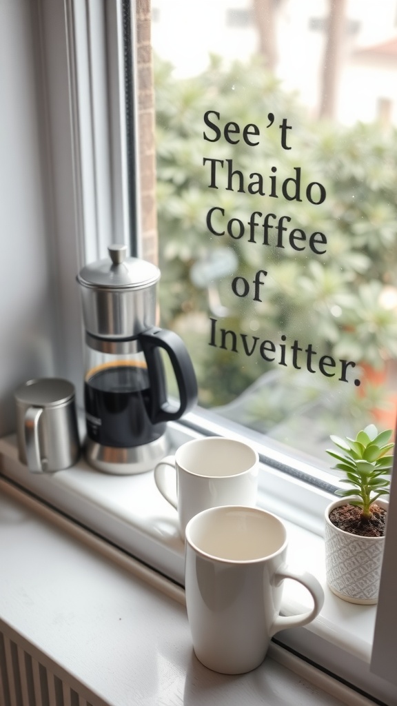 A cozy window-sill coffee setup featuring two empty mugs, a coffee maker, and a small plant.