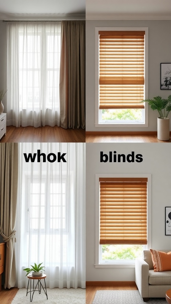 A comparison of sheer curtains and wooden blinds in a living room setting