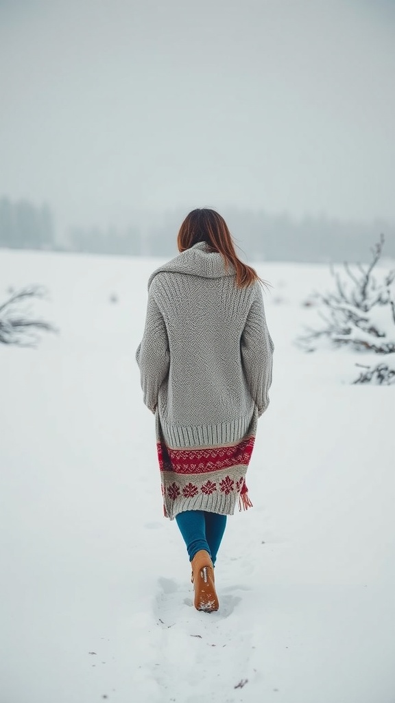 A person walking in the snow wearing a cozy sweater and a colorful skirt.