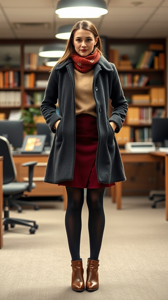 Model wearing a layered pencil skirt outfit suitable for winter, featuring a gray coat, beige sweater, burgundy pencil skirt, and a red scarf.
