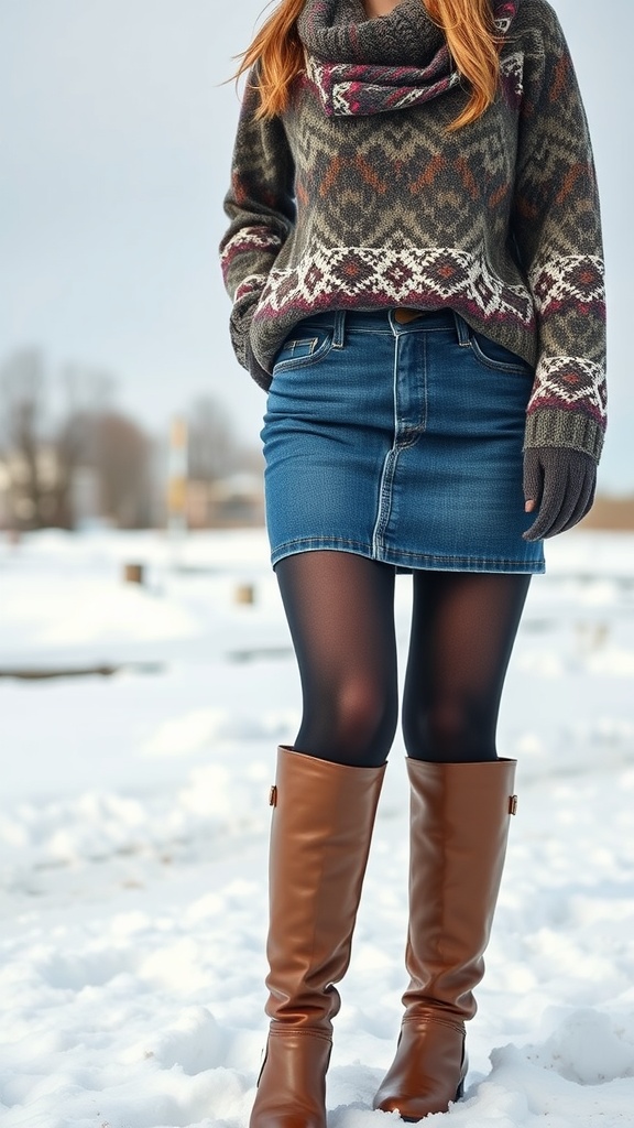 A woman wearing a cozy sweater, denim mini skirt, black tights, and brown tall boots in a snowy setting.