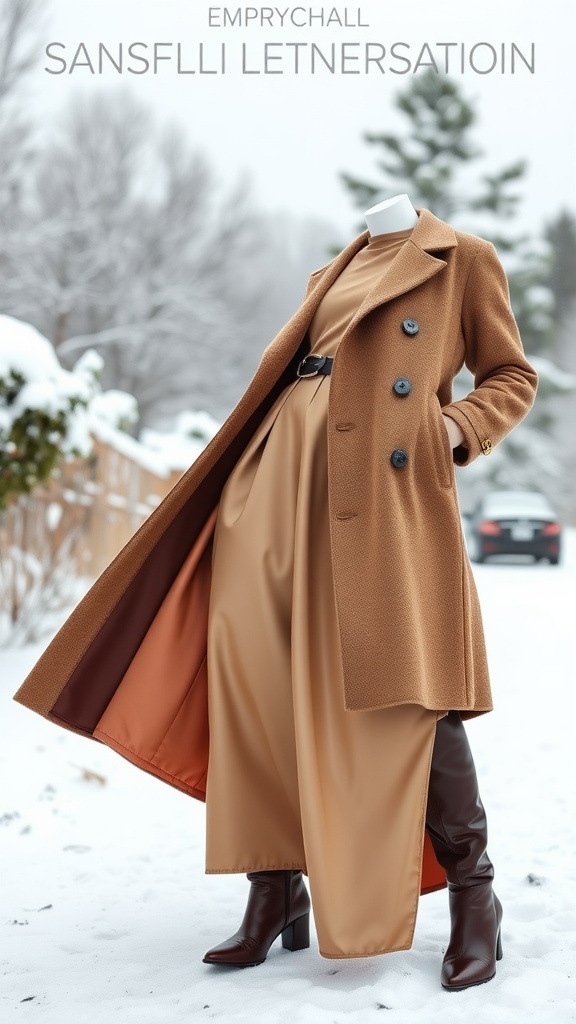 A mannequin wearing a long brown coat over a silk maxi skirt, set against a snowy background.