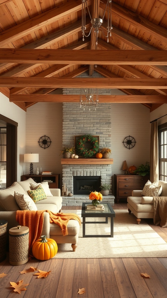 A cozy living room with exposed wood beams and a stone fireplace, decorated for fall
