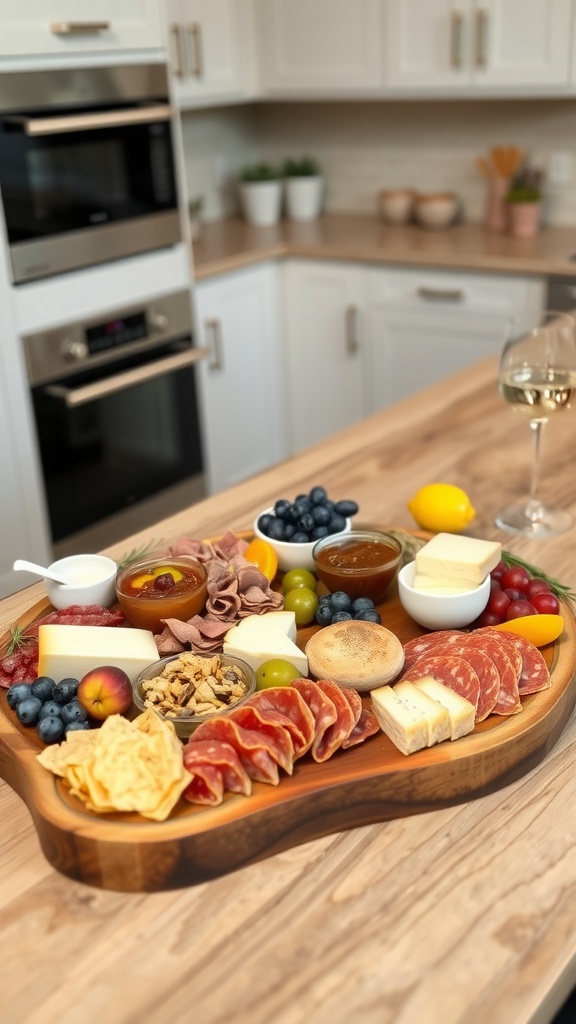 A wooden serving board with a variety of charcuterie items including meats, cheeses, fruits, and spreads on a kitchen island.