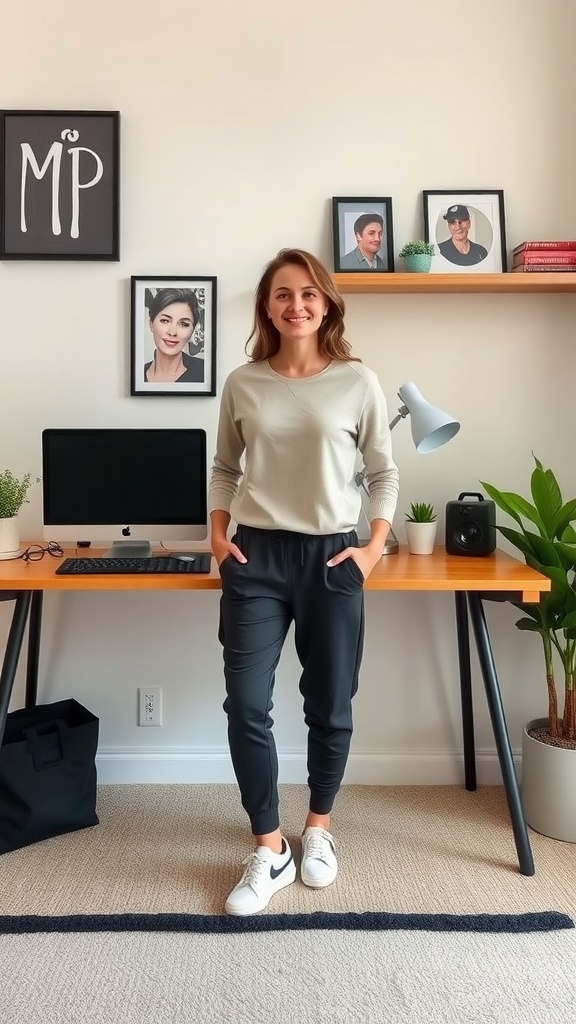A woman wearing a light gray top and dark jogger pants, standing in a home office with a computer and decorative elements.