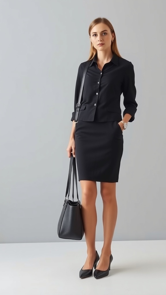 Model in a black pencil skirt and button-up shirt, carrying a handbag, ready for the workplace.