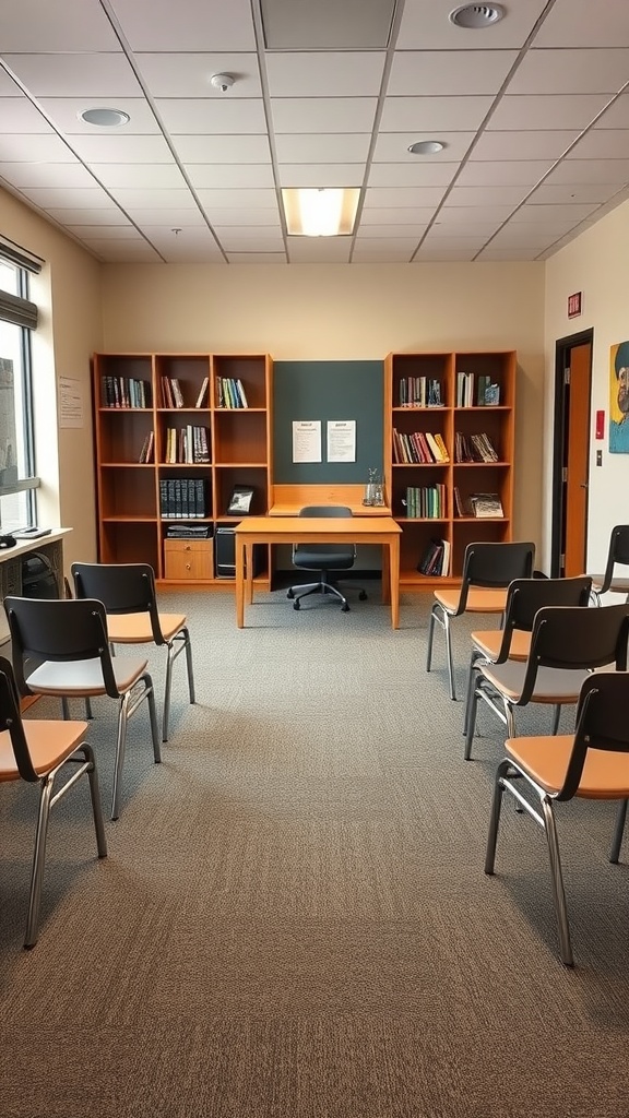 A school counselor office set up for group counseling sessions, with chairs arranged in a circle, a desk, and bookshelves filled with resources.