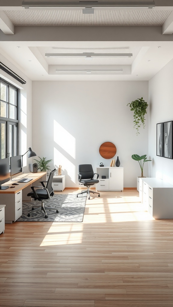 A modern home office featuring a spacious desk with dual monitors, a comfortable chair, a cozy reading nook, stylish storage cabinets, and ample natural light.