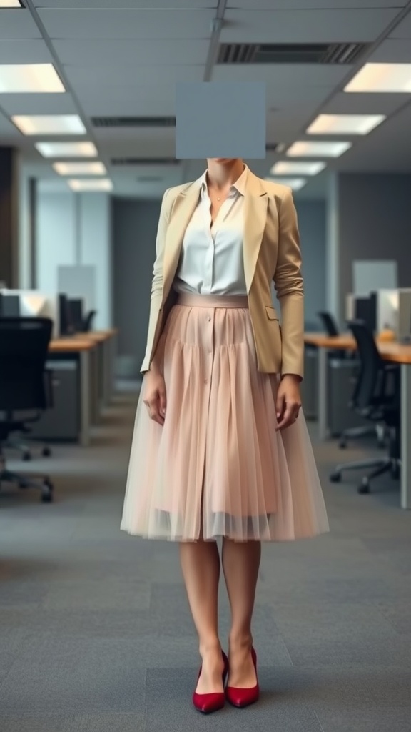 A person wearing a beige blazer, white shirt, and pink tulle skirt in an office setting.