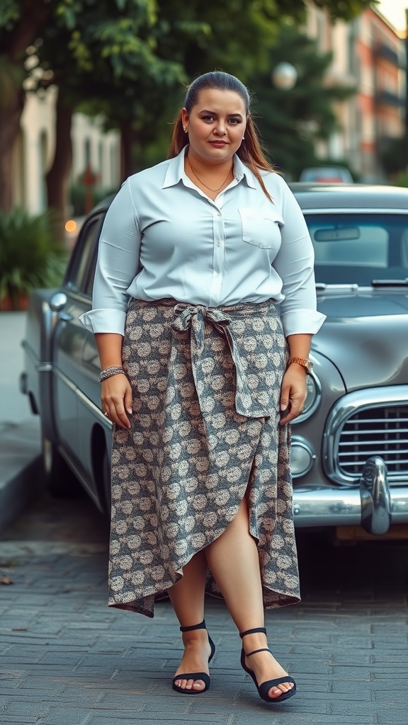 A model wearing a wrap skirt and a button-up shirt, standing beside a vintage car.
