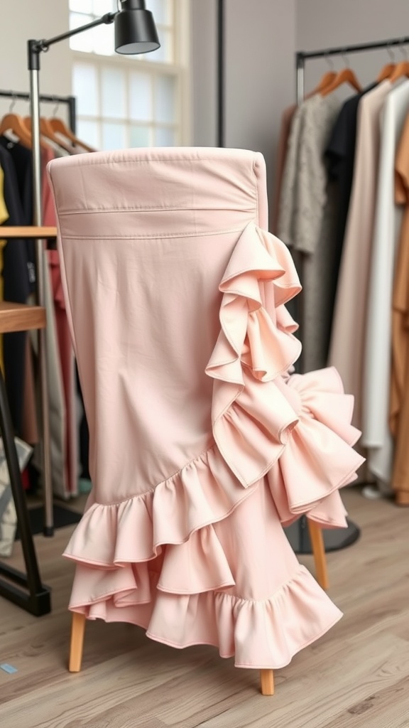A pink wrap skirt with ruffles displayed on a chair in a clothing store.