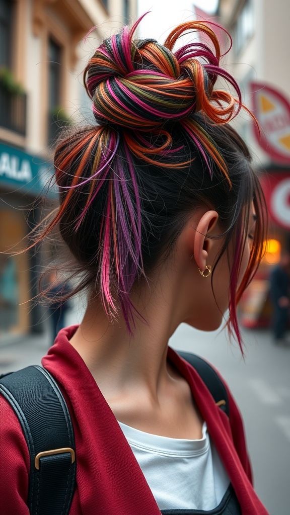 A stylish wrapped messy ponytail featuring vibrant colors like pink, orange, and green, showcasing a playful and creative hairstyle.