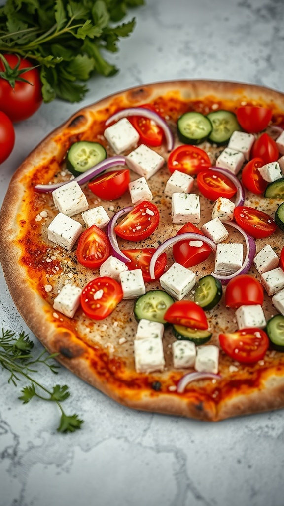 A delicious Greek inspired pizza topped with fresh vegetables and feta cheese.