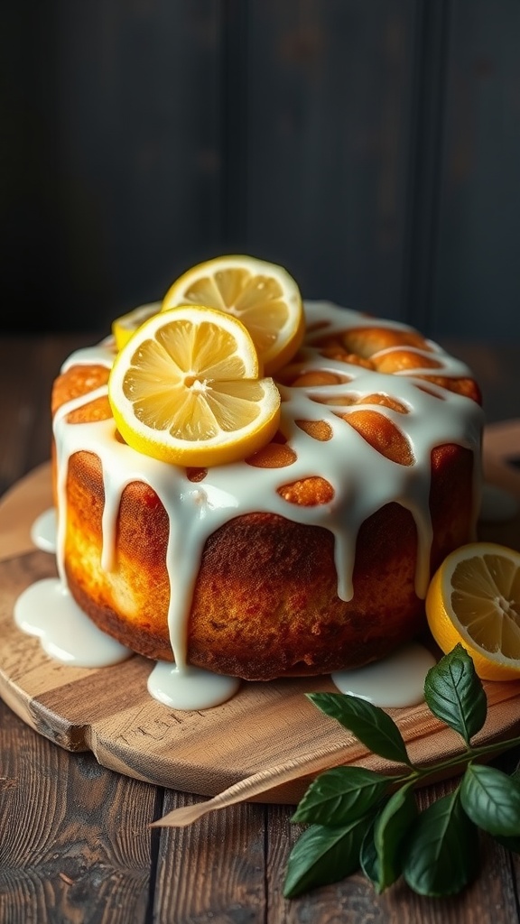 A delicious lemon drizzle cake topped with fresh lemon slices and a creamy glaze.