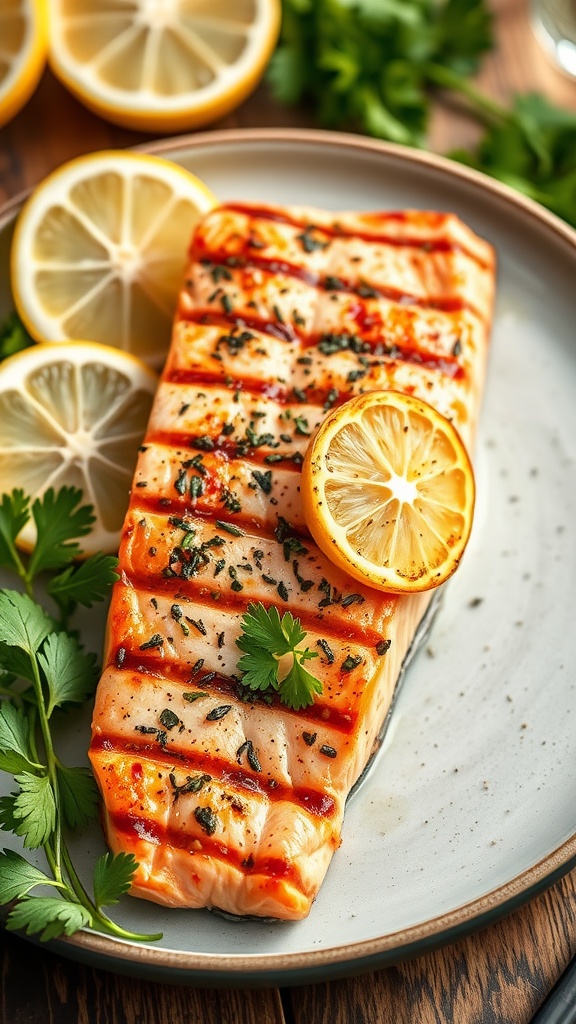A delicious piece of grilled salmon garnished with lemon slices and herbs.