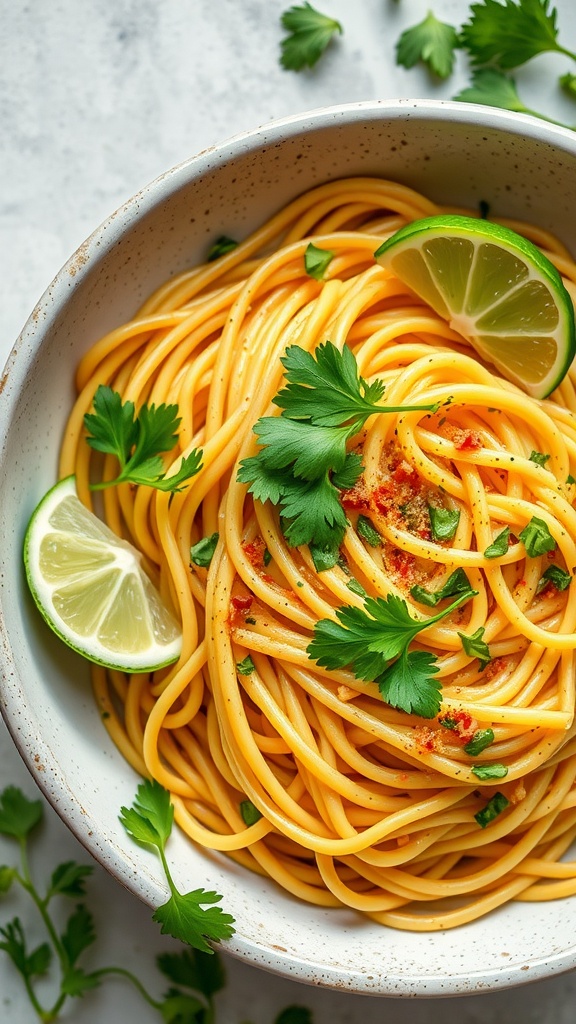 A bowl of zesty lime and cilantro spaghetti garnished with lime slices and fresh cilantro.