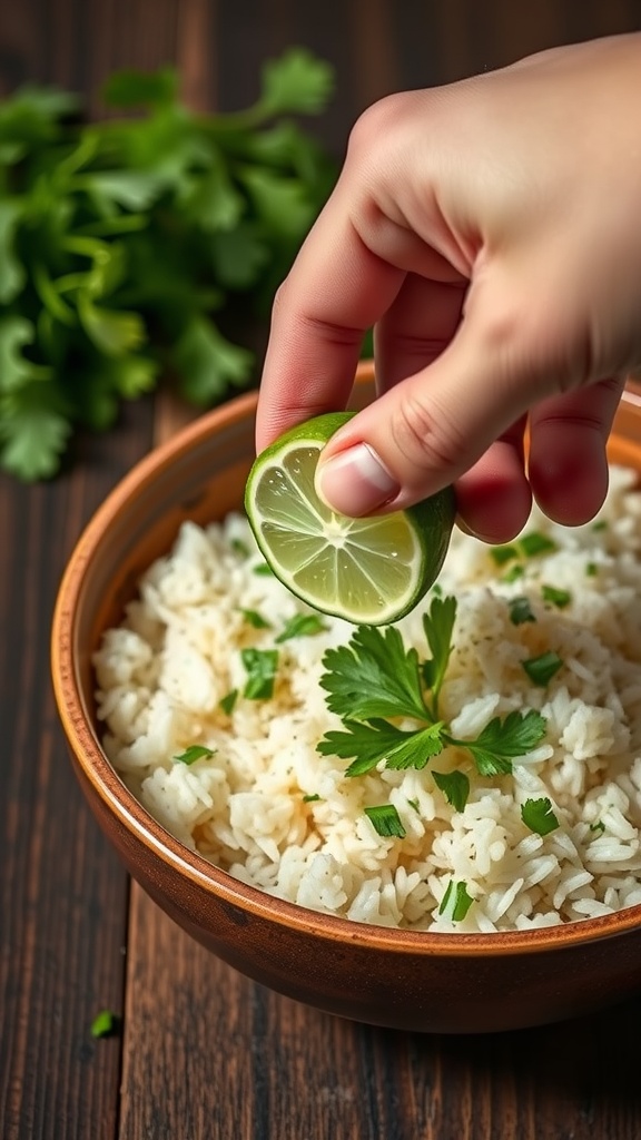 A hand squeezing lime juice over a bowl of cilantro lime rice garnished with fresh cilantro.