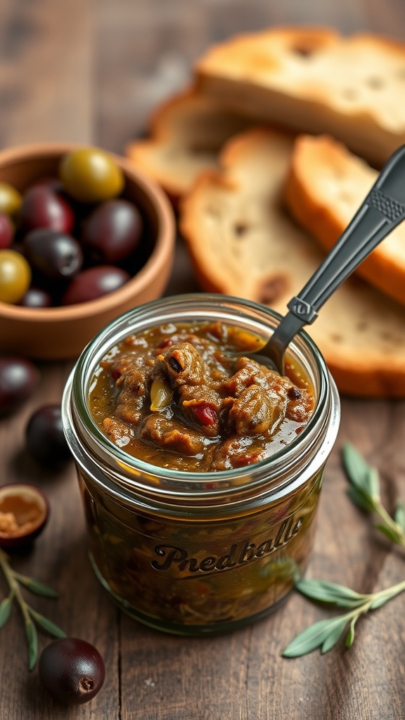 A jar of olive tapenade with olives and bread in the background.