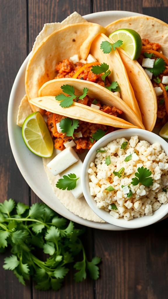 A plate with three tacos, lime wedges, and a bowl of cilantro lime rice.