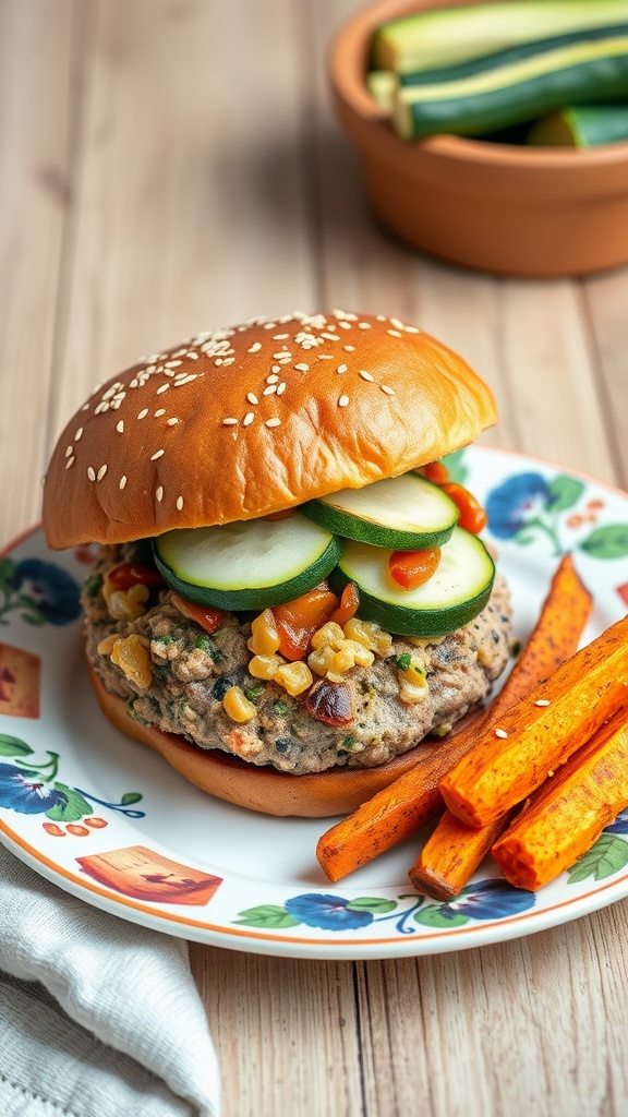 A delicious turkey burger with zucchini, served with sweet potato fries.