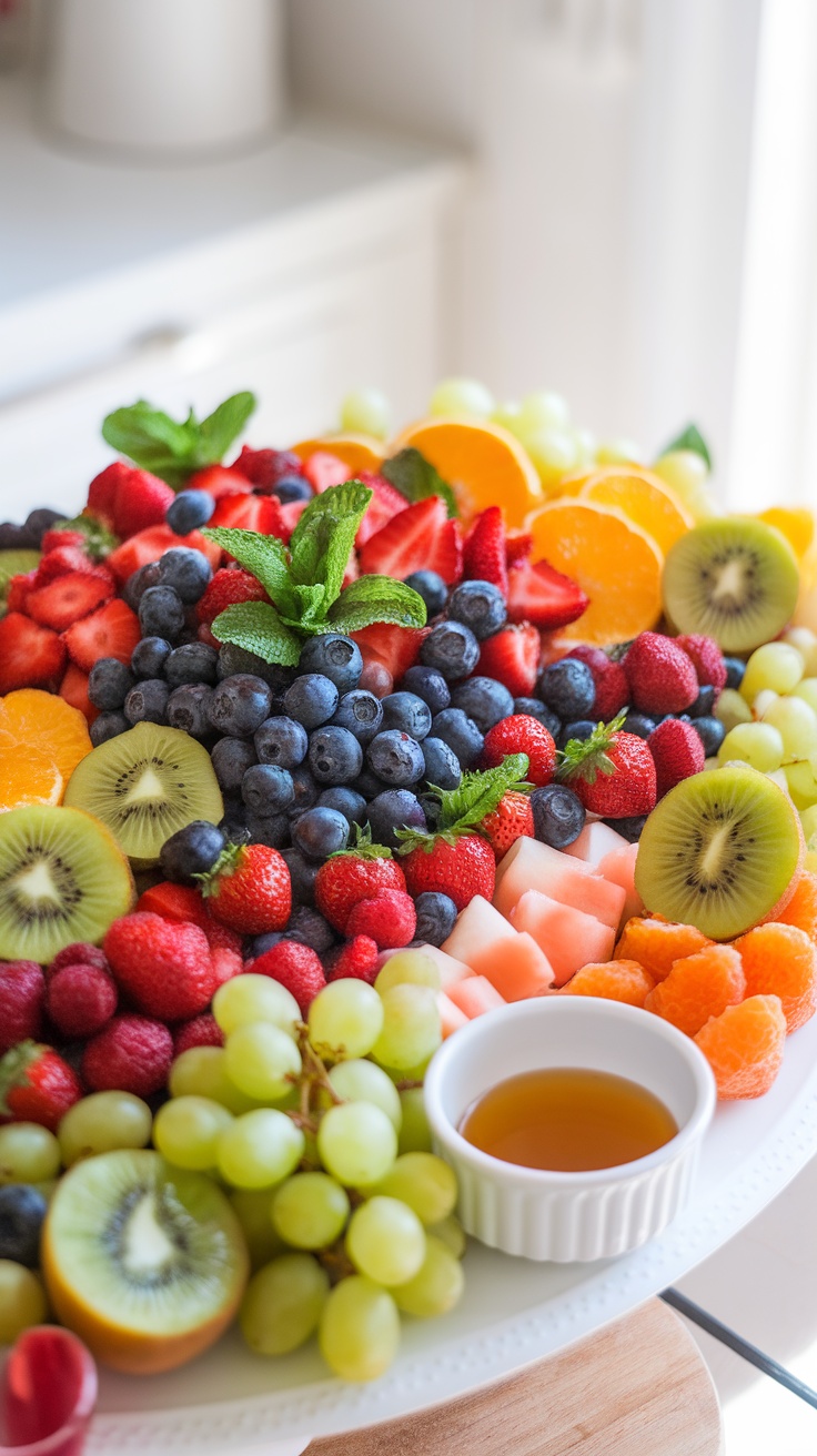 A vibrant fruit tray with a mix of strawberries, blueberries, grapes, kiwis, and oranges on a white platter with honey for dipping.
