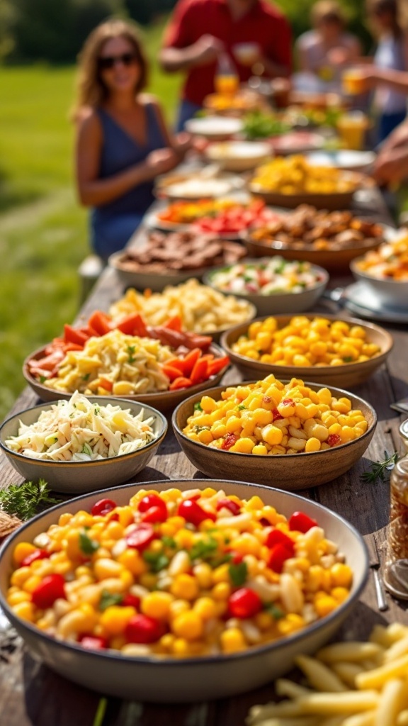 Colorful cookout side dishes on a picnic table in a sunny outdoor setting.