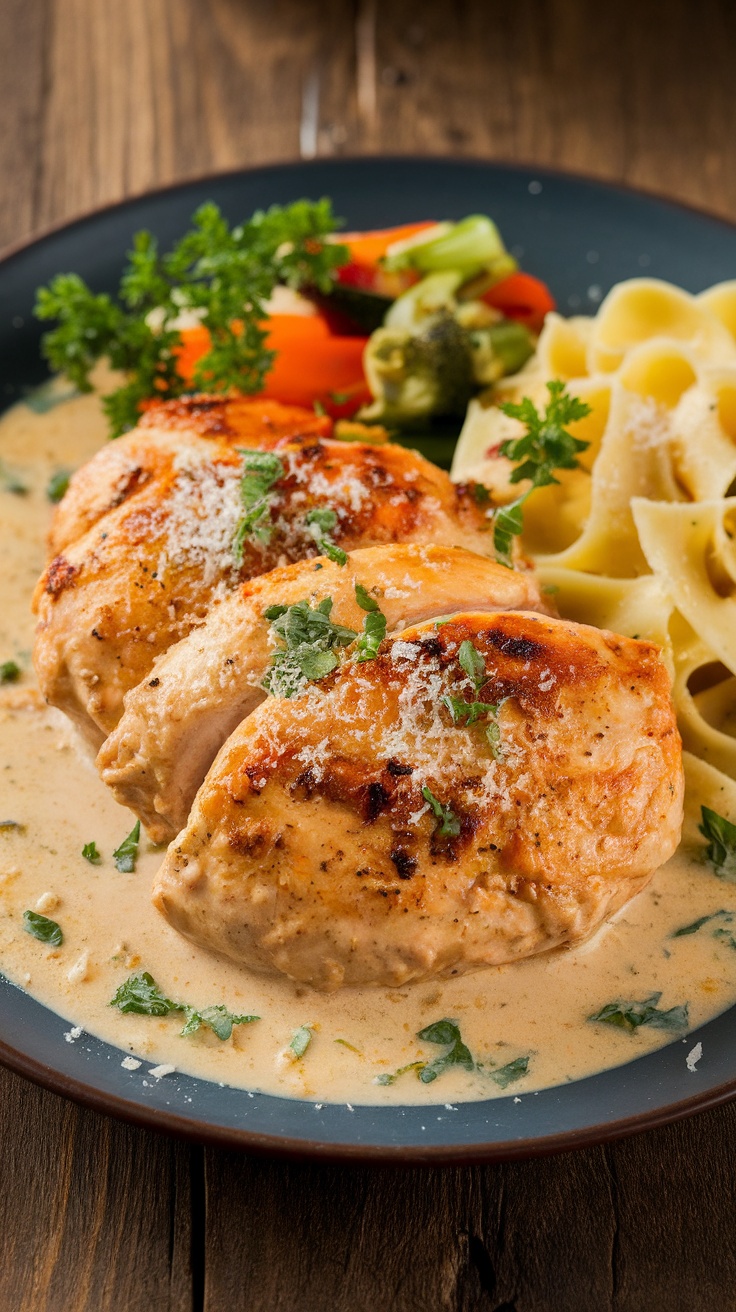 Creamy chicken with garlic cream sauce garnished with parsley and Parmesan, served with pasta and vegetables.